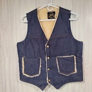 Vtg Mens Medium Denim Sherpa Lined Jean Vest Western Riding Rodeo Trucker